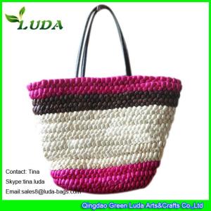 Quality LUDA genuine leather handles handbags corn husk straw eco shopping bag wholesale