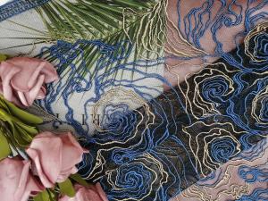 Quality Polyester Blue Floral Embroidered Lace Fabric For Garment Brands wholesale