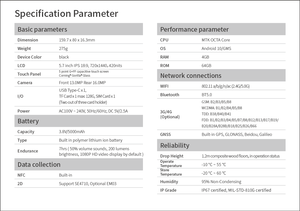 High Protection Multi-Purpose Wireless Terminal with Dual Cameras High Dynamic Range Imaging and 64GB ROM