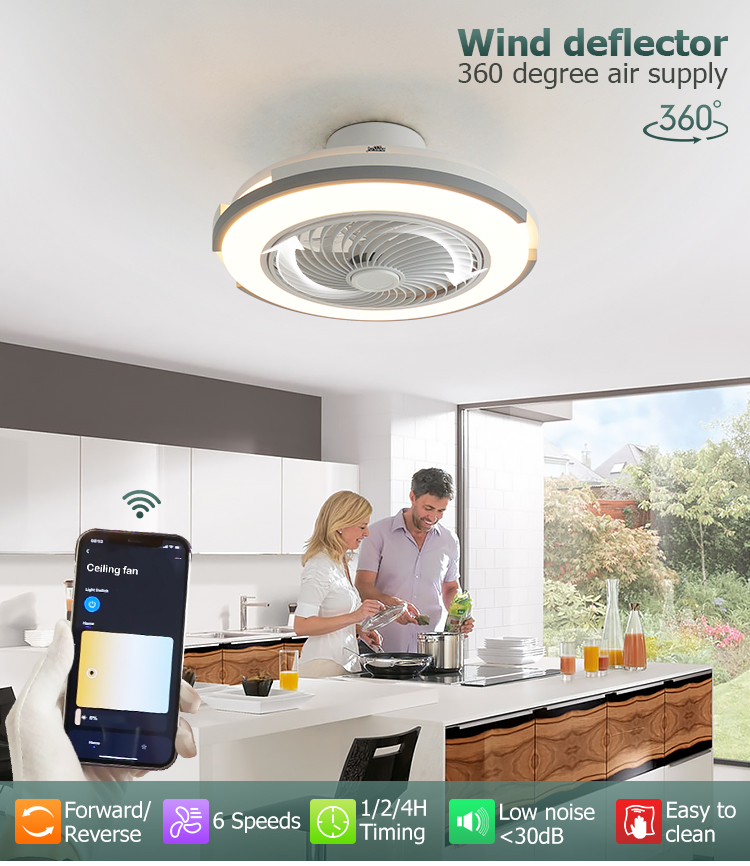 20 Inch 220V High Airflow Flush Mounted LED Ceiling Fan with Light Bedroom