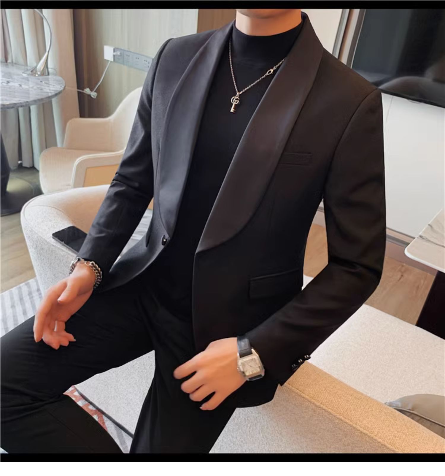 end Business Formal Dress Suit Blazer Jacket in Black Leather Fabric for Men's Attire