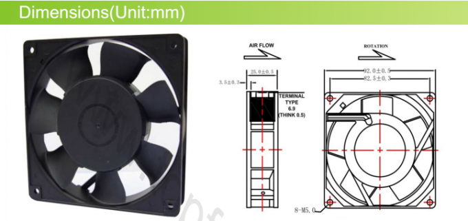 AC 9225 Explosion Proof Exhaust Fan / Metal High Speed Brushless Cooling Fans 92 x 92 x 25 mm