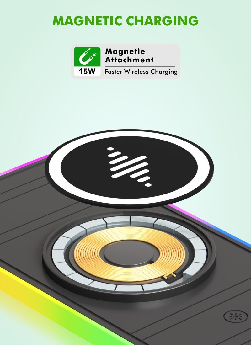 Magnetic Wireless Car Charger with RGB LED Light Charging for Qi Phones and Earbuds - 15W Power
