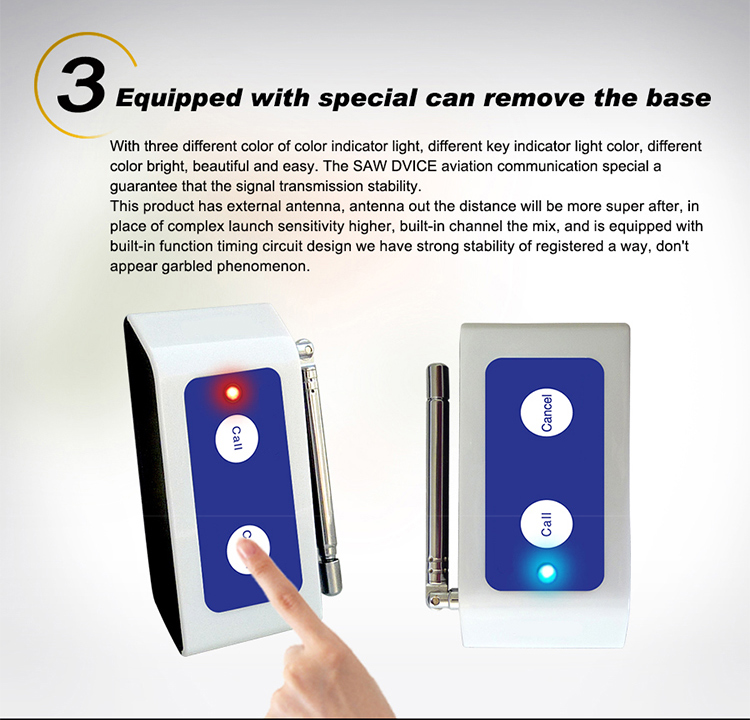 Wireless super signal transmitting distance waterproof two keys push call button for hotel
