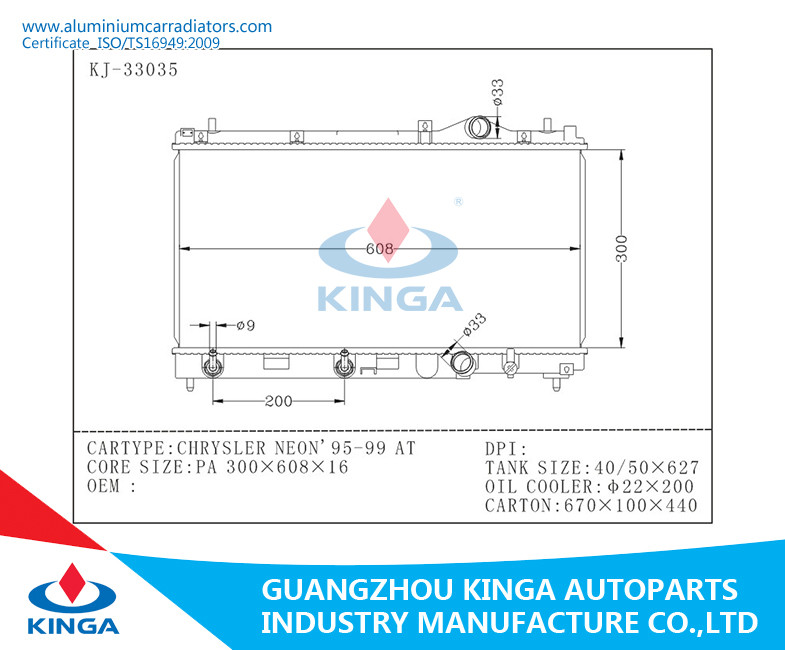 Efficient Cooling Aluminum Auto Radiator For CHRYSLER NEON'95-99 AT