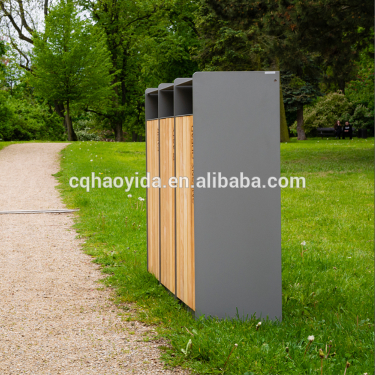 Outdoor steel dust Trash bin Metal wooden recycling bin commercial trash can