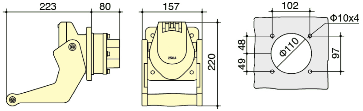 PowerSyntax Shore Power High Current Industrial Panel Mounted Female Socket 4P 250A 400V IP67 Part No. MB250A-AS