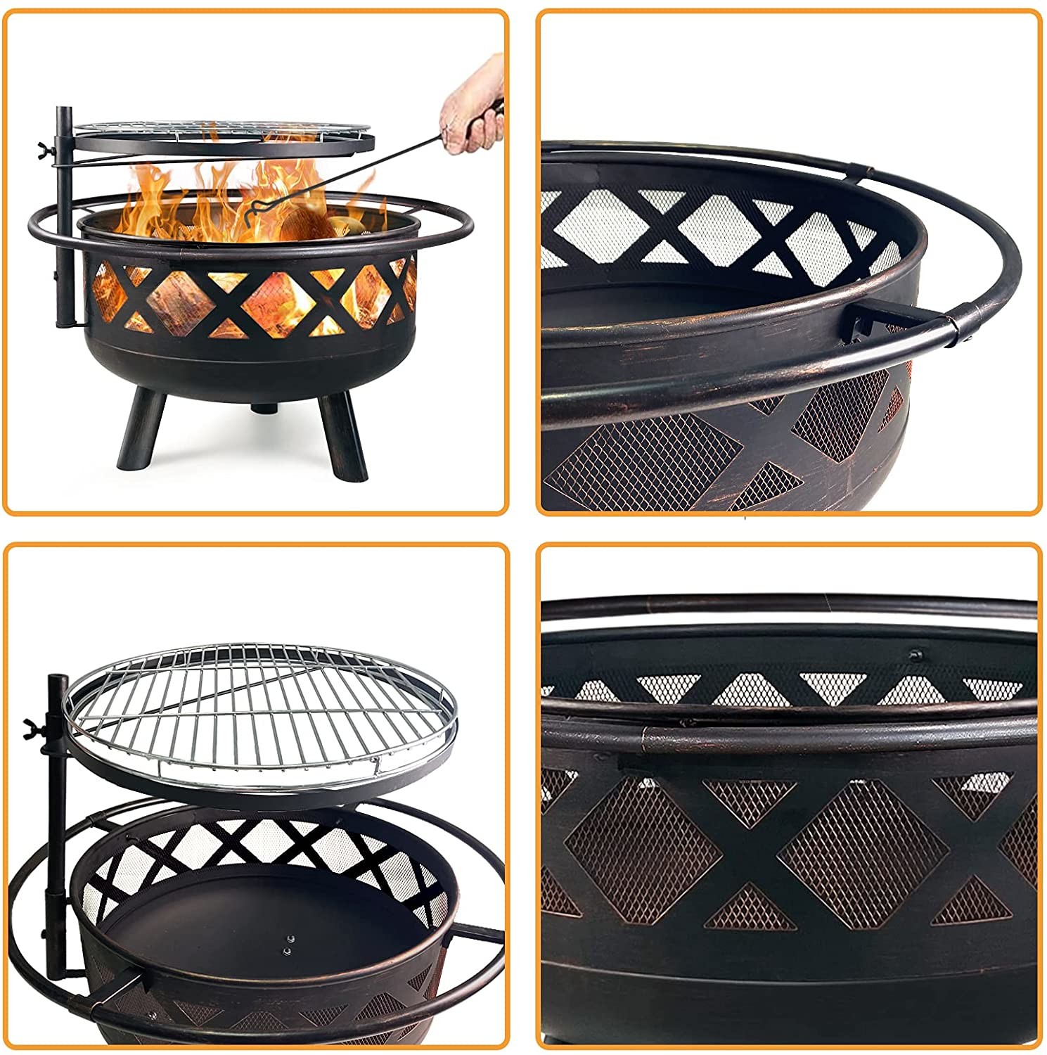 Outdoor 30'' Heavy Duty Barbecue Fire Pit BBQ Grill Firepit Bowl With Spark