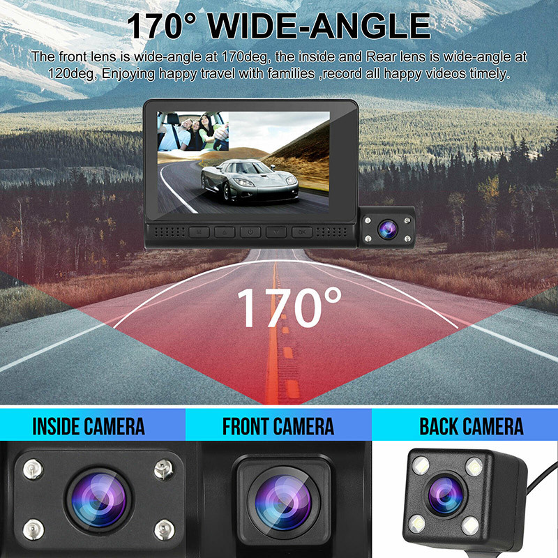 AVI Mini 3 Lens Car DVR Dash Cam Recorder HD 4 Inch GC2053 Sensor