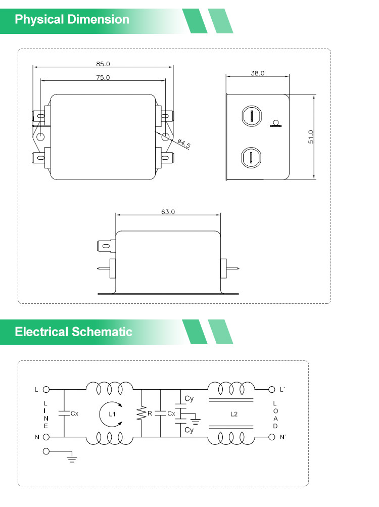 Two Stage Single Phase Filter 115V 250V 4A Fast - On Terminal Output EMI Filter