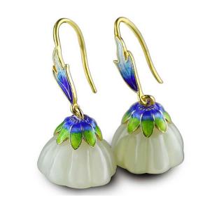 Quality Retro Enamel 925 Silver Natural Hetian Jade Dangel Earrings (E17060201) wholesale