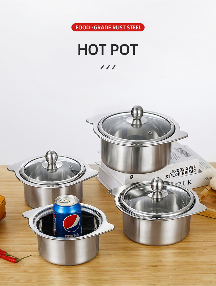 New Design Silver Kitchen Small Stock Pot Stainless Steel Shabu Shabu Induction Hot Pot With SS Double Ear Handles