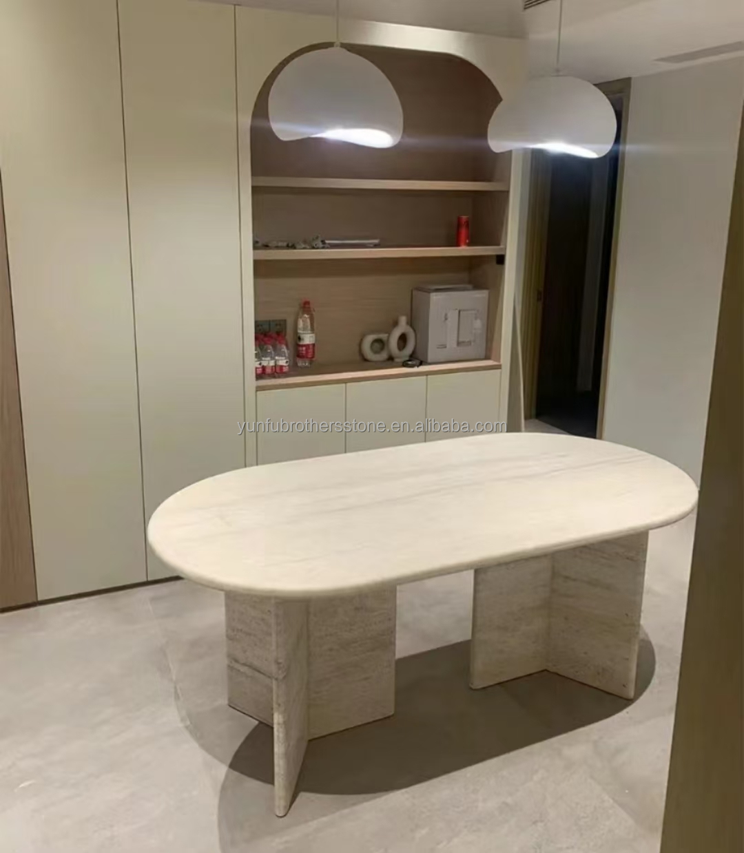 Polished Beige Round Travertine Dining Table Modern Stone Furniture for Living Room