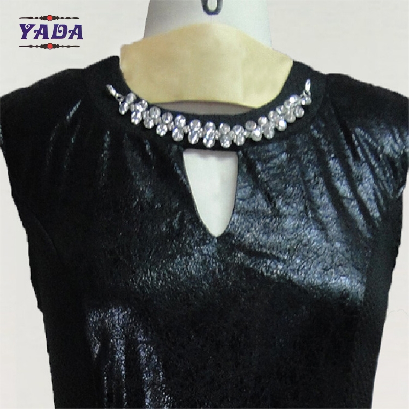 Fashion pu cocktail lady's summer sleeveless dress women office uniform dresses with rhinestone applique