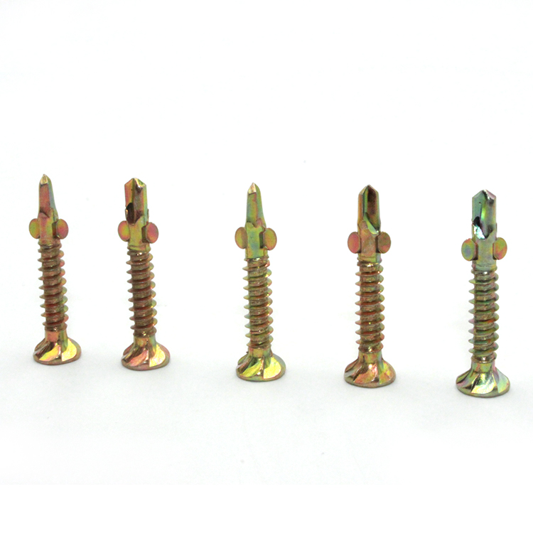 Flat Head Self Drilling Screw with Wings and Ears in Blue/Black/Yellow Zinc Plated