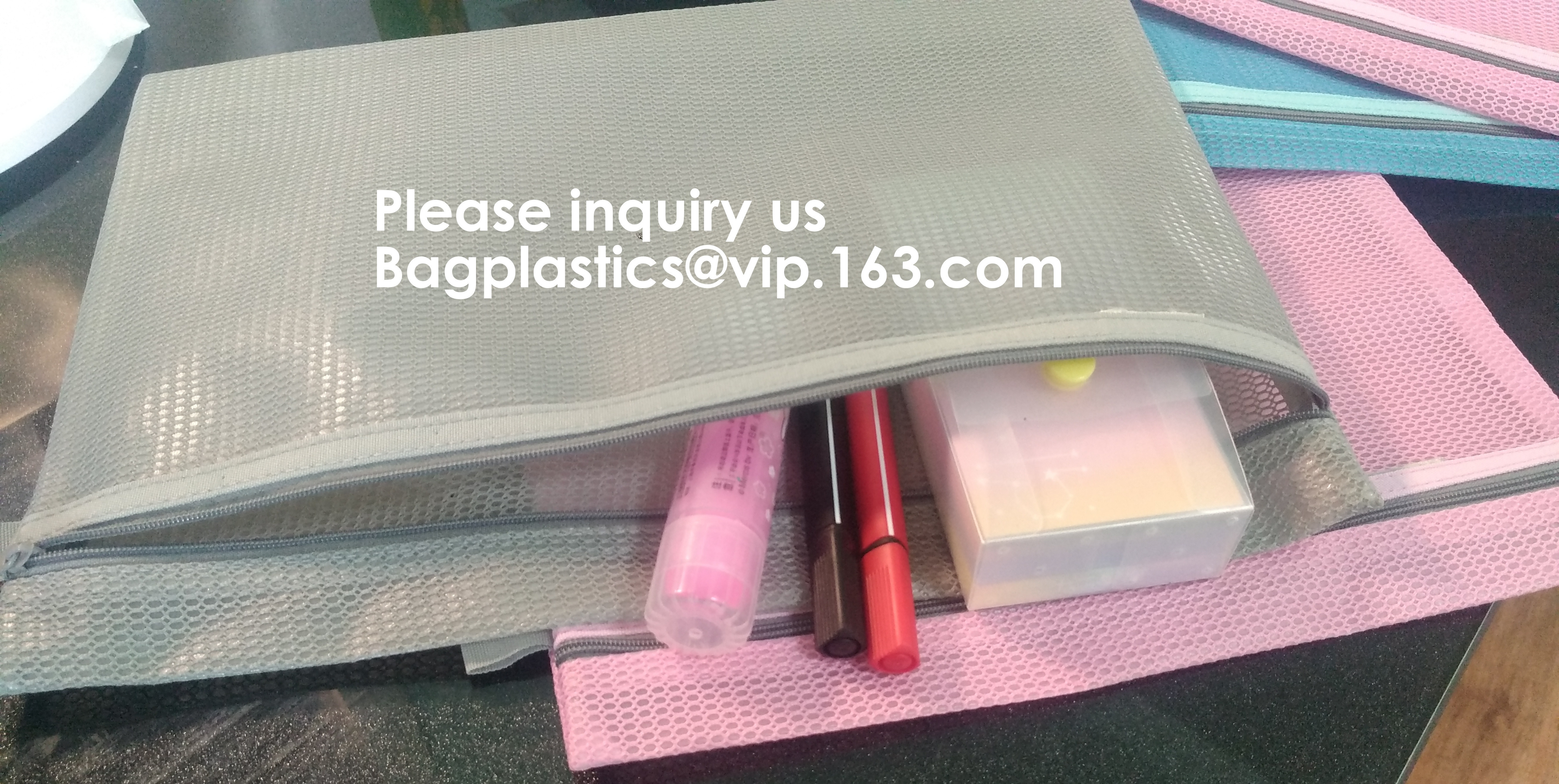 Mesh Organizer Storage Bag Durable File Bag for Office Stationery and Travel,Zipper Mesh File Bag Cosmetic Bag PVC Bag f