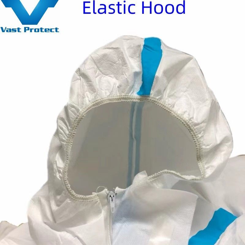 Soft Disposable White Micro Film Coverall with Blue Tape