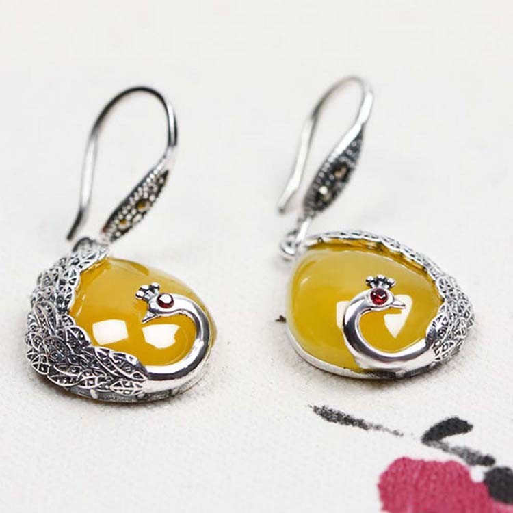 Thai Sterling Silver Yellow Chalcedony Drop Retro Earrings (E170619YELLOW)
