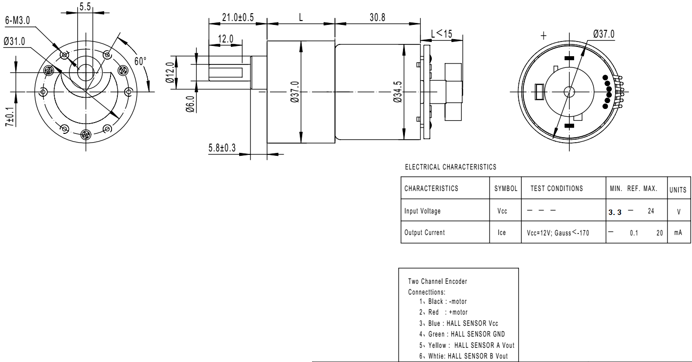 37mm 3035 Mini Dc Motor With Gearbox Gear Motor Low Rpm  Dimensions