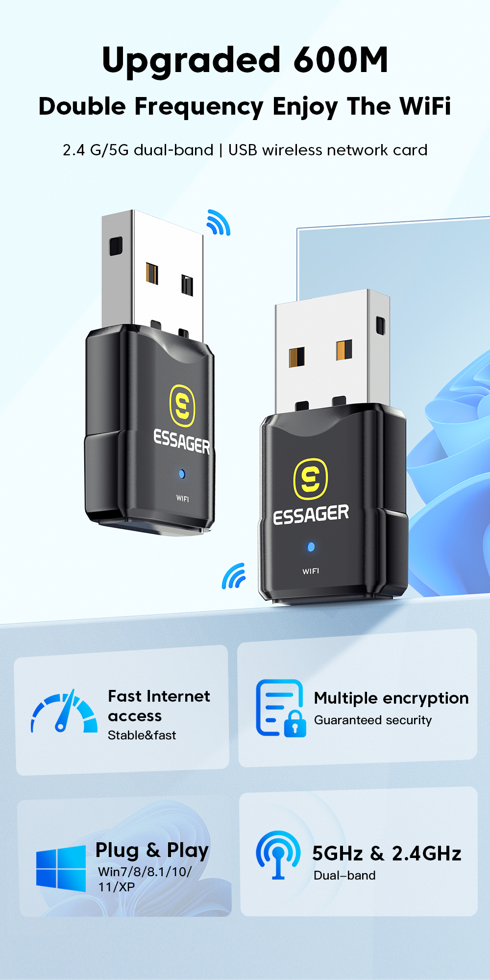 Dual Band Wireless WLAN Network Card 433Mbps 600M for Laptop