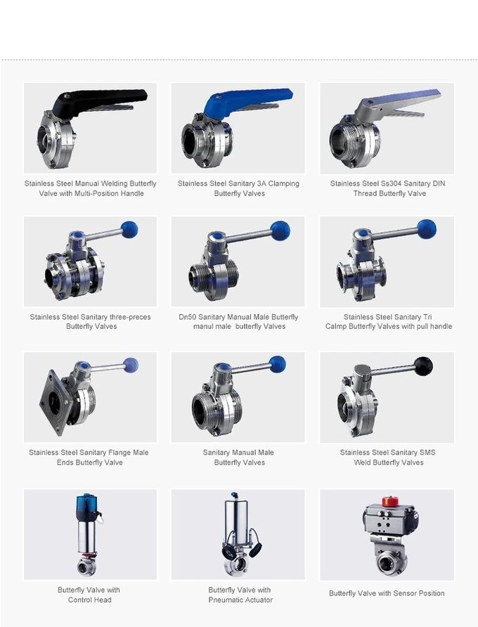 Sanitary stainless steel 316L tri-clampe hygienic butterfly valves with Ss Gripper Handle
