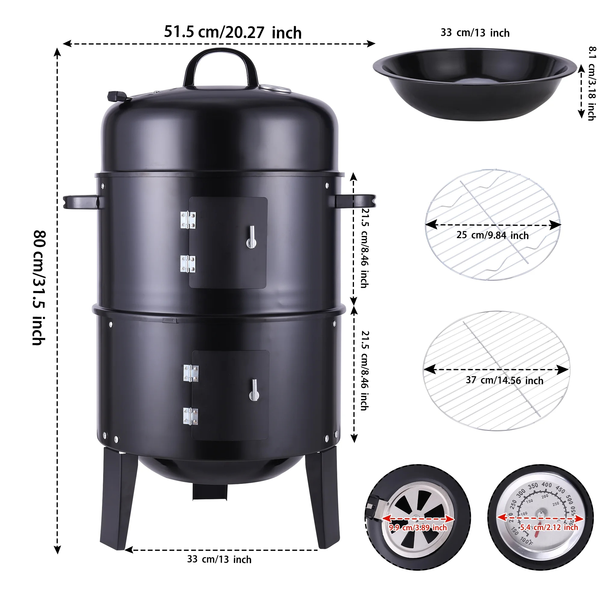 Thermometer Equipped 3-in-1 Vertical Steel Charcoal Smoker for Home Party Celebration