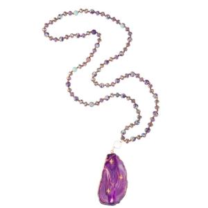 Quality Glass Beads Handmade Beaded Necklace With Purple Agate Semi Precious Pendant wholesale