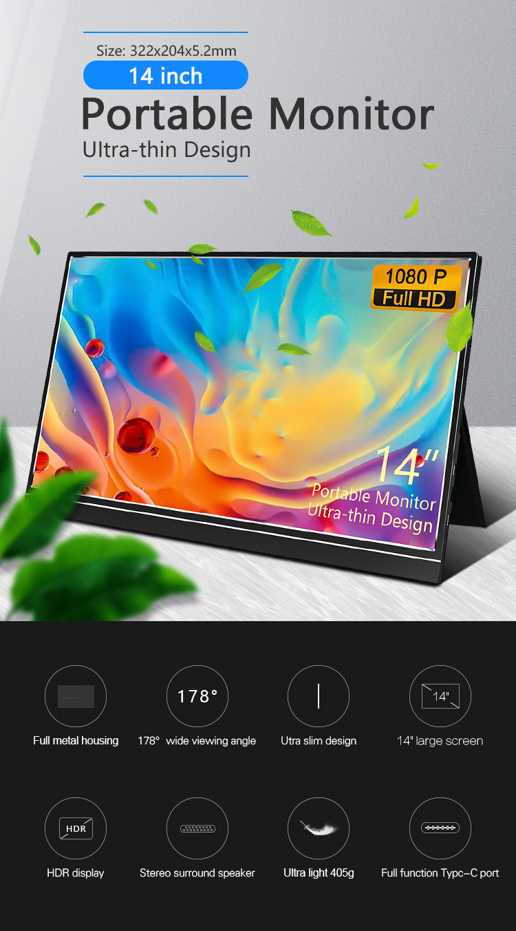 1000:1 Contrast Ratio 1920*1080 IPS Screen 14 Inch Portable Monitor