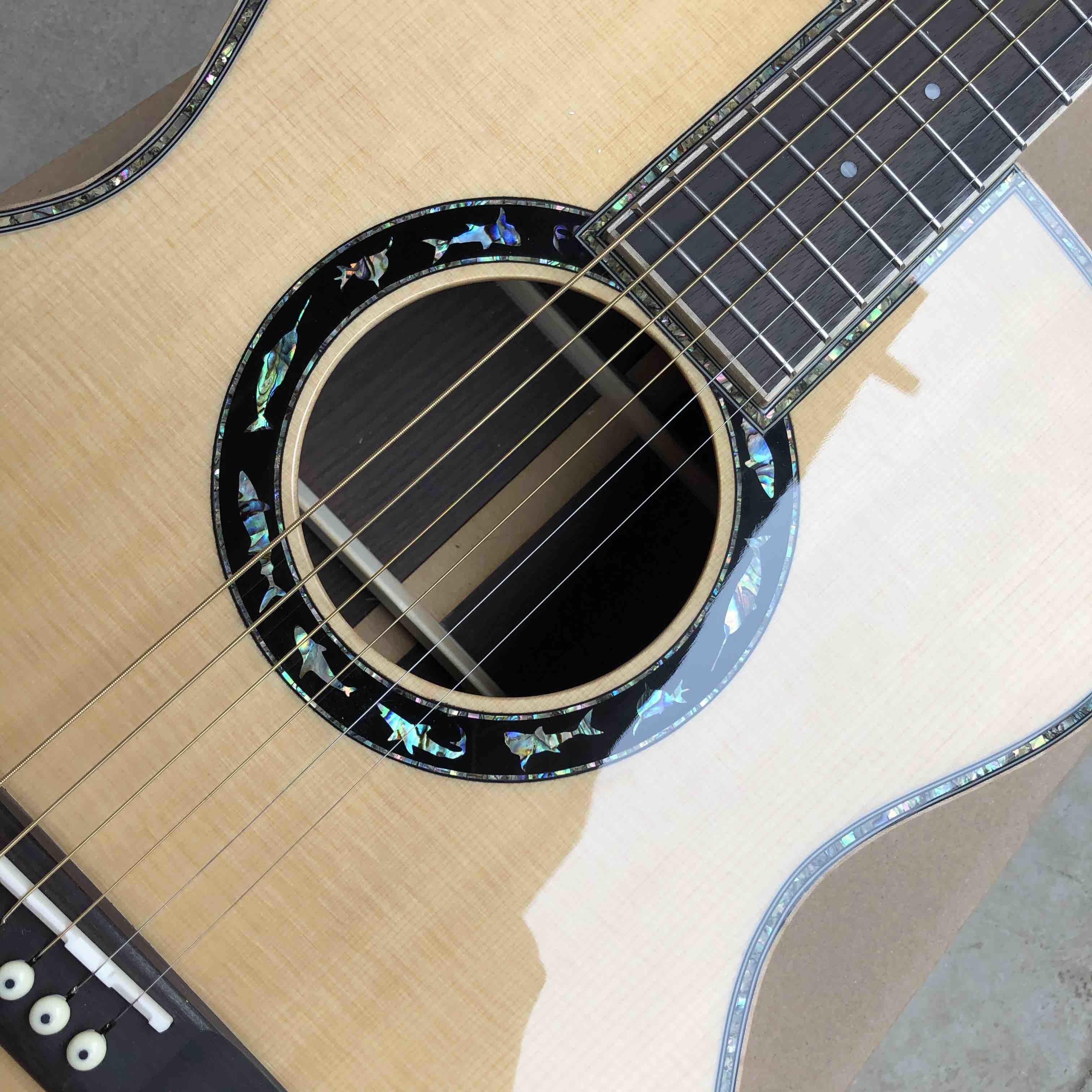 Custom 2020 New Real Abalone Aaaa All Solid Spruce Round Body Maple Binding Acoustic Guitar