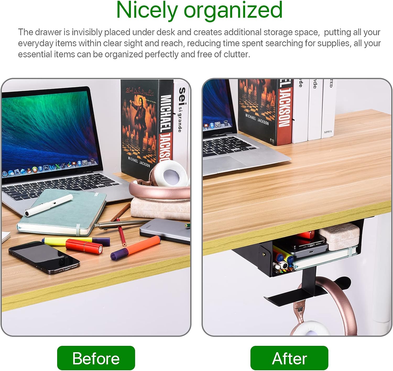 Space Saving Under Desk Storage Shelf with Dual Headset Hanger Hook and Hidden Drawer