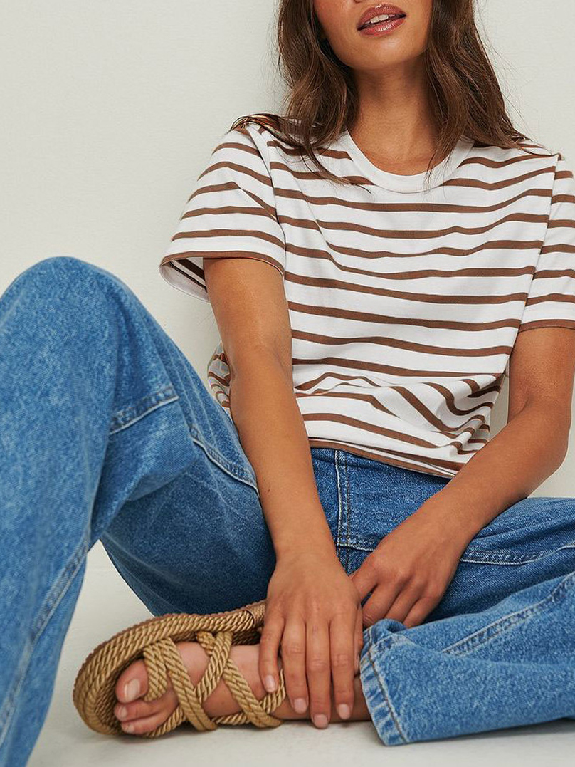 Unisex Striped Short Sleeve Round Neck T-Shirt Woven Technique Plain Dyed Women's Clothing