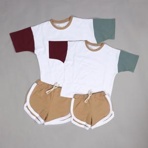 Quality 190gsm Patchwork Clothes 100% Cotton Unisex Kids Street Wear Color Matching Drop Shoulder T Shirts wholesale