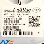 603WAF1002T5E SMD Thick Film Resistor 0603/10KΩ 100mW 75V