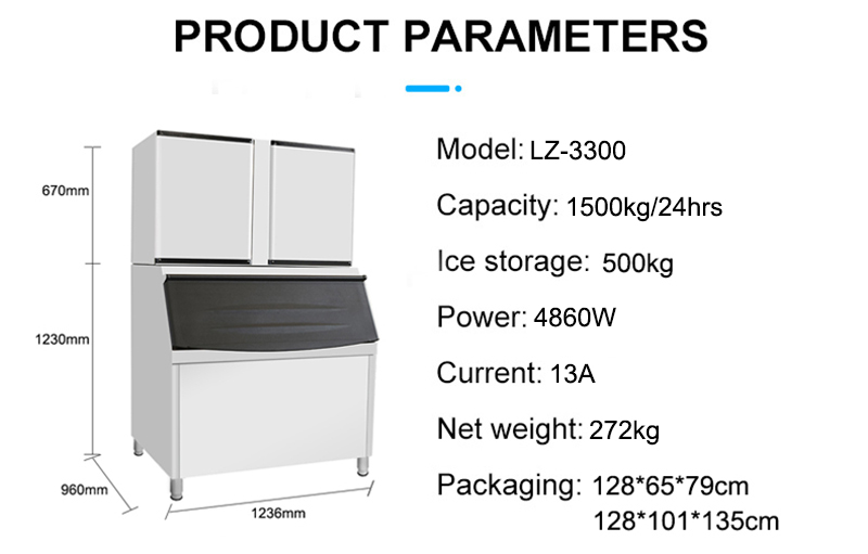 Daily 1500kg Production LZ-3300 Ice Cube Maker with Customized Logo and 500kg Ice Storage