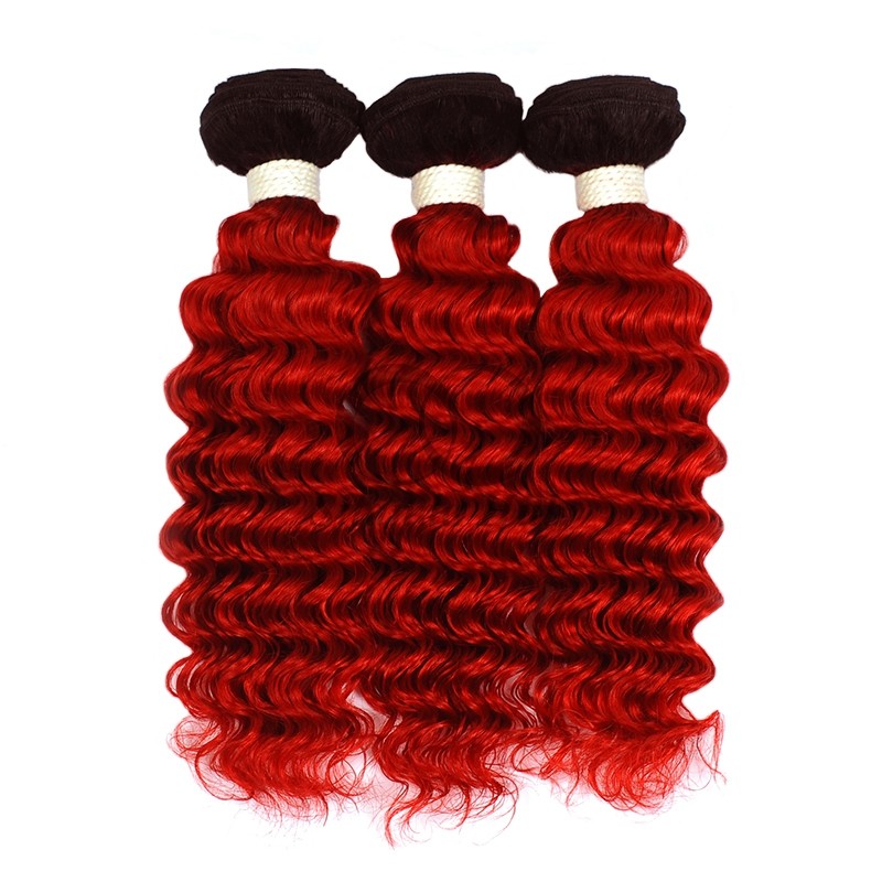 #T1B/Red Deep Wave Remy Human Hair Bundles Sew In Weave Bundles Brazilian Bundle Deals