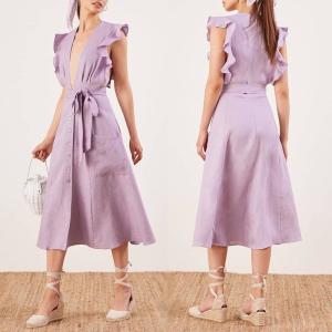 Quality Clothing Fashion Women Ruffle Shoulder Midi Linen Dress Ladies wholesale