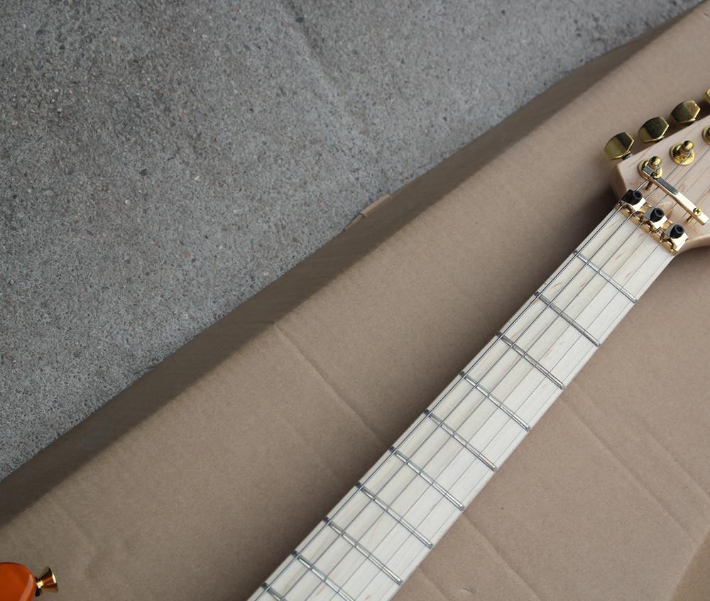 Factory Custom Orange Electric Guitar with Floyd Rose,3 Pickups,No Frets Inlay,Gold Hardware,Flame Maple Veneer