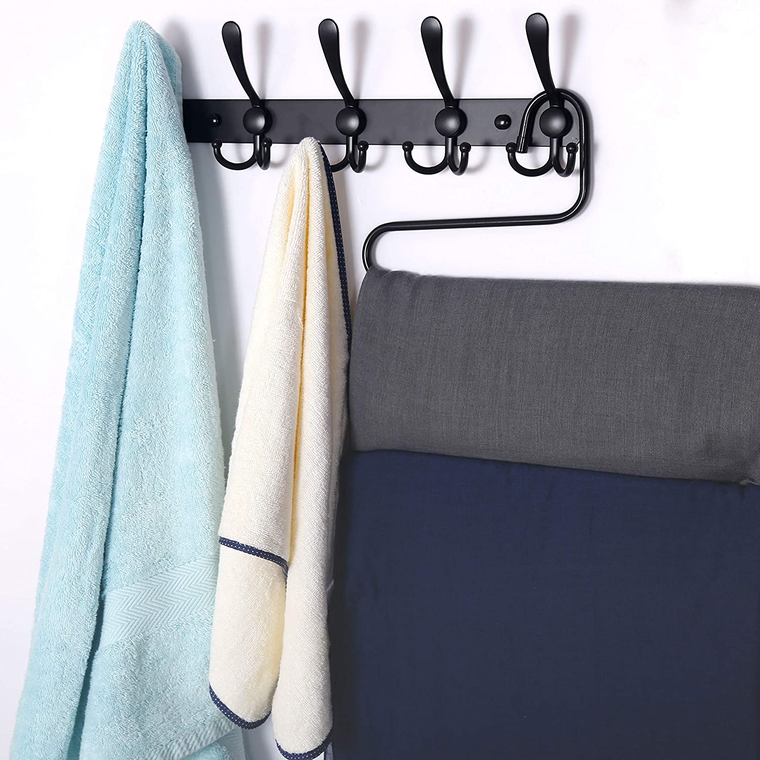 Multifunctional Wall Mounted Coat Hook Rail Stainless Steel Over Door 5 Tri Hooks Black
