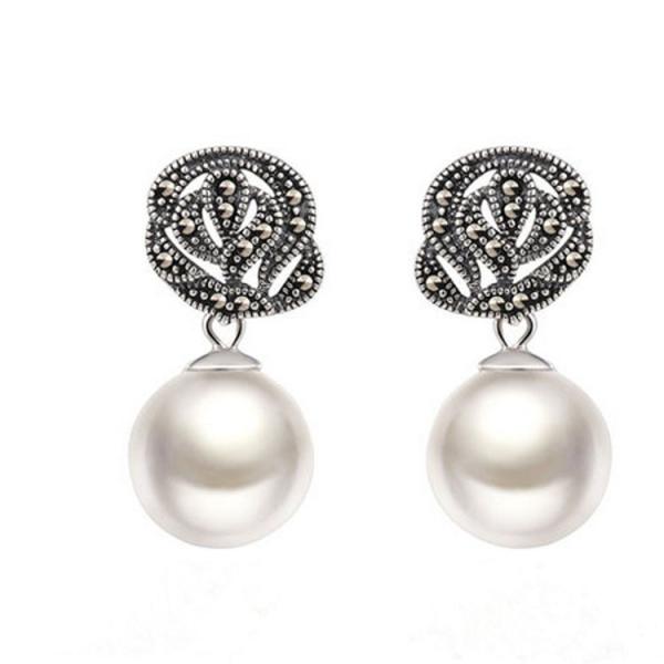 925 Silver Round 12mm White Simulated Shell Pearl Earrings Thai Style Jewellery