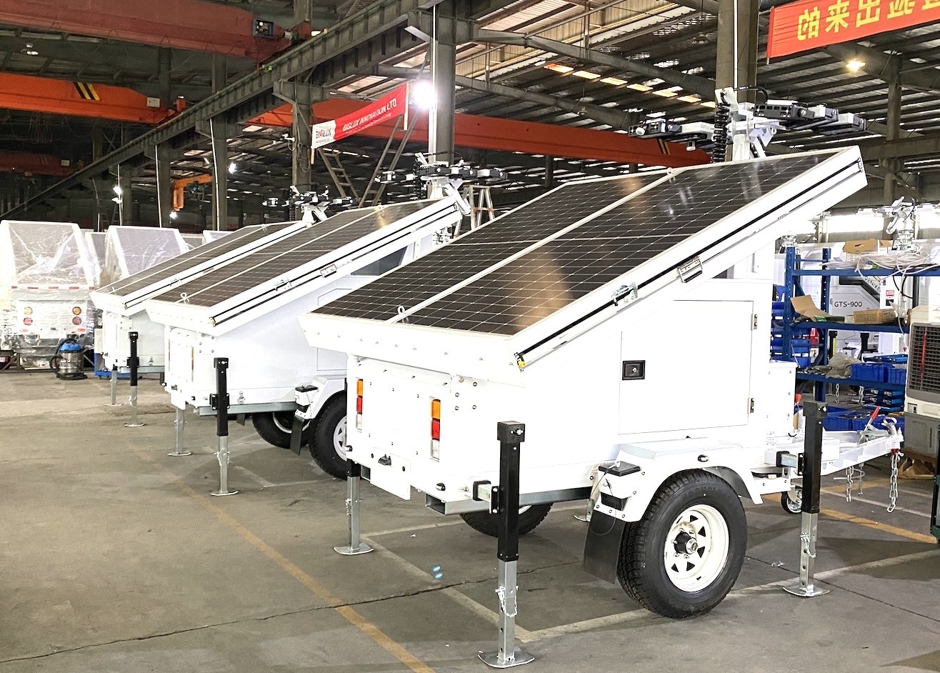 mobile solar LED lighting tower-4x435W solar panel powered-8x200AH batteries-9m hydraulic mast tower