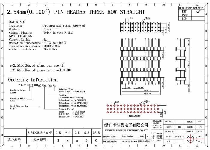 Four Plastic Pin Header Connector 500V AC 2.54mm Pitch 36P Three Row