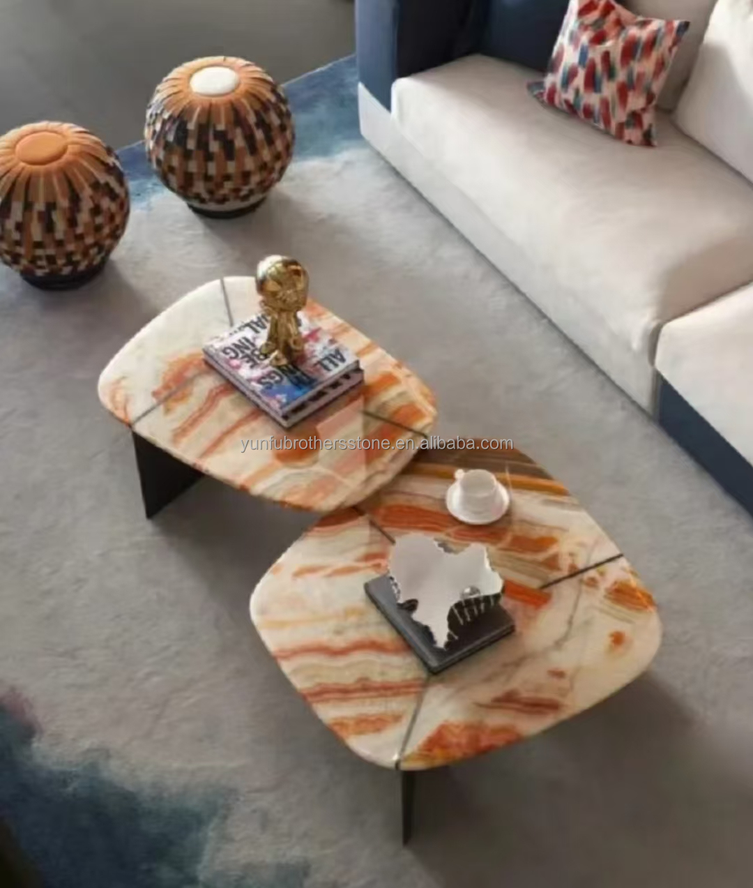 Hotel Table Furniture Design with Natural Stone Bookmatched Rainbow Onyx Marble Slab