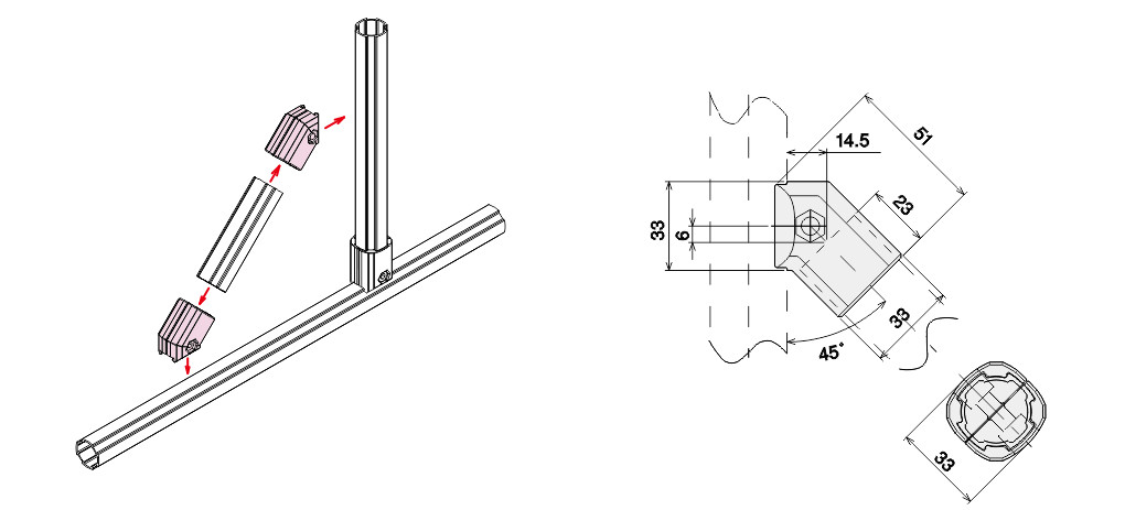 ADC12 Aluminum Tube Fitting AL-3 45 Degree External Fixing Support