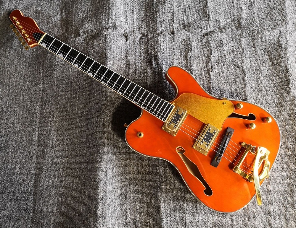 Custom orange TL hollow body f hole ebony fingerboard gold bridge electric guitar musical instrument shop