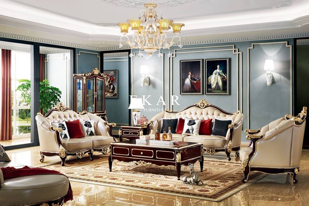 Royal Style Cream Color 6 Seater With Luxury Carving Leather Sofa Set