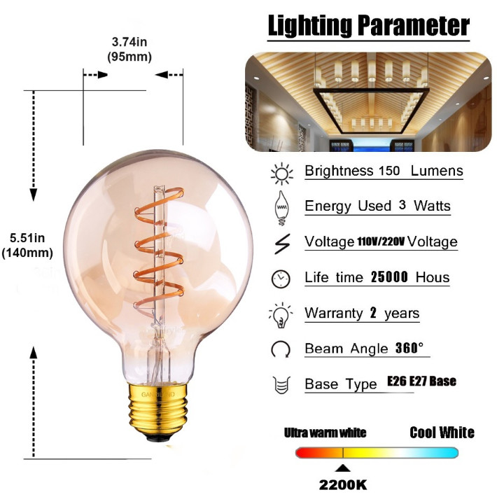 110v 220v Spiral Vintage Retro Lamp T185 G80 Ascher E26 Decorative Bulb