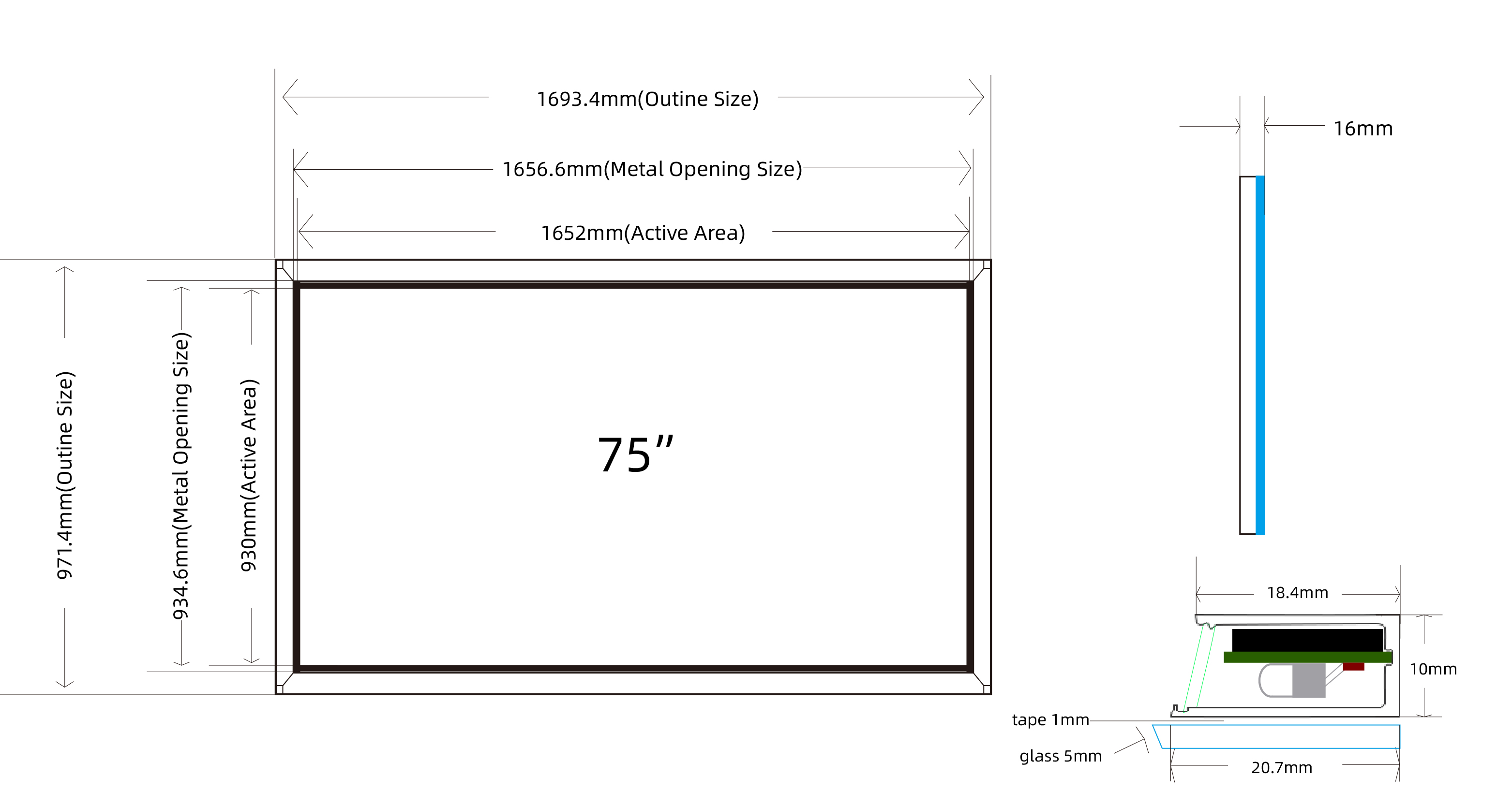 75 inch IR Touch Screen Overlay Size Customized for Industrial