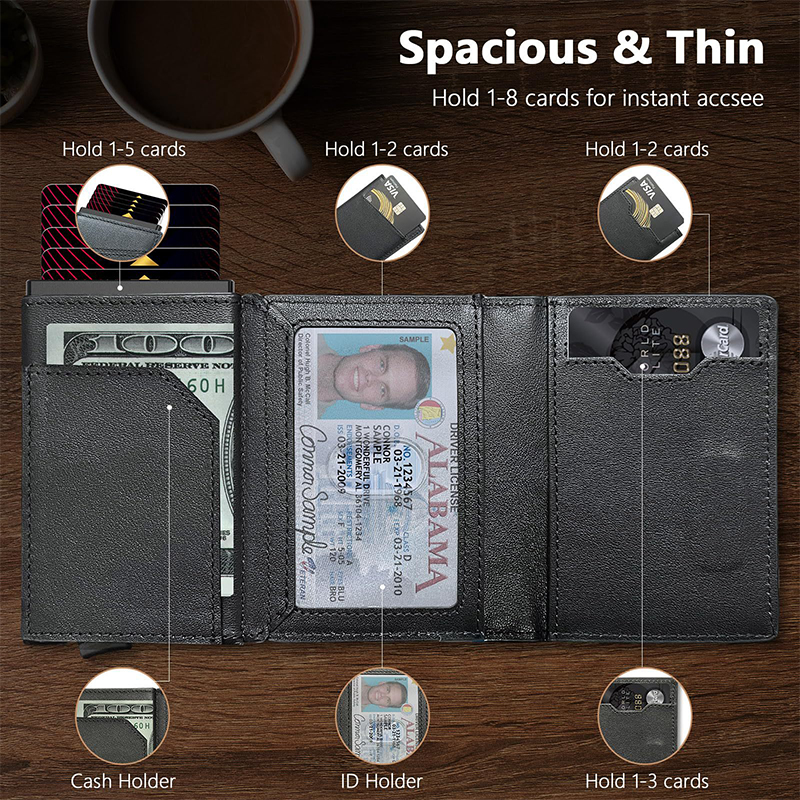 RFID Blocking Pop Up Leather Credit Card Holder with Multiple Zipper Wallet Handmade