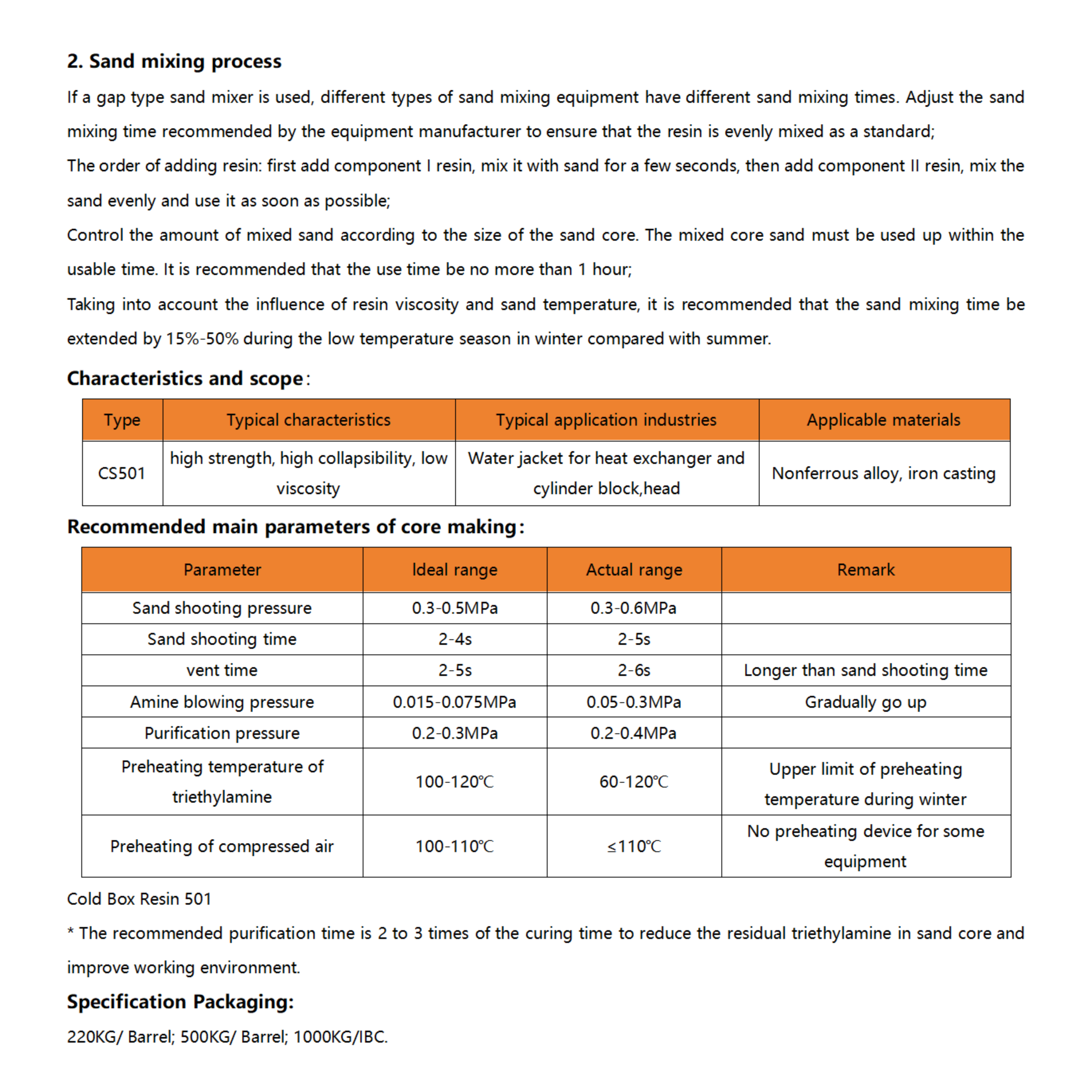 Synthetic Resin And Plastics High Humidity Environment Cold-box Resin for Sand Casting
