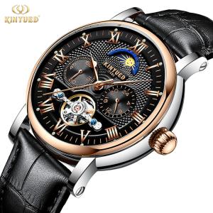Quality KINYUED Tourbillon automatic mechanical movement genuine leather waterproof wrist watch wholesale